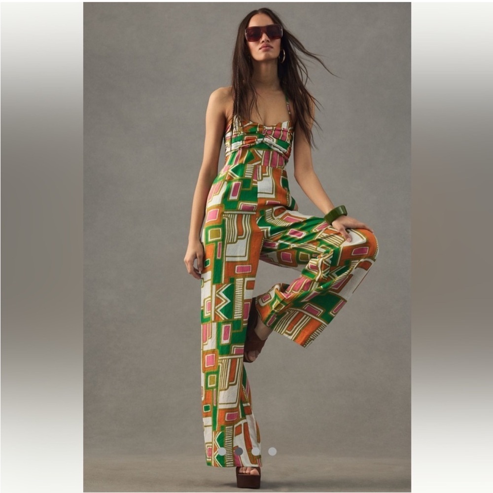 NWT Anthropologie S/W/F Sweetheart Halter Wide-Leg Linen Jumpsuit Retro Size S​​